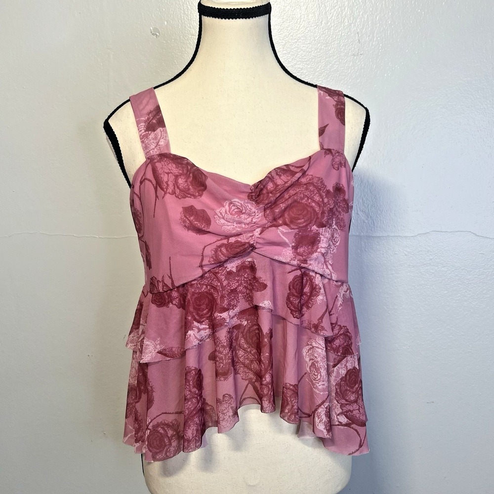 Babydoll Mesh Cami Tank Top Roses Print Assymetrical Hem Layers Sz L‎ Dusty Rose
